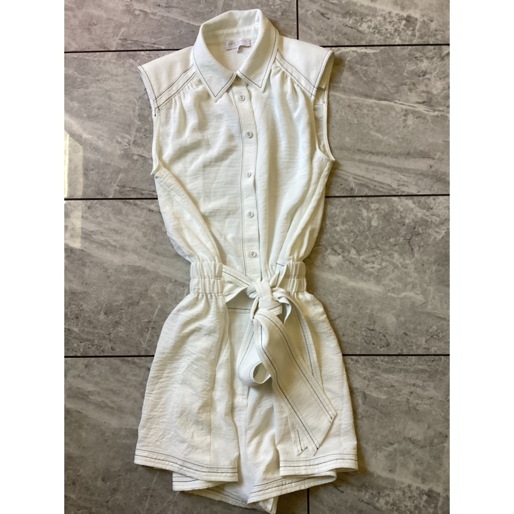 Ramy Brook White Sleeveless Button Front Belted Romper Size M Contrast Stitch